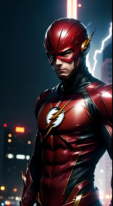 masterpiece, ultra detailed close up of the flash in the city at night, the flash (dc comics), serious expression, perfect face, modern city, city lights, reduniform, dangerous, badass, strong, expressive eyes, cyberpunk style, technological, dark, epic, (...