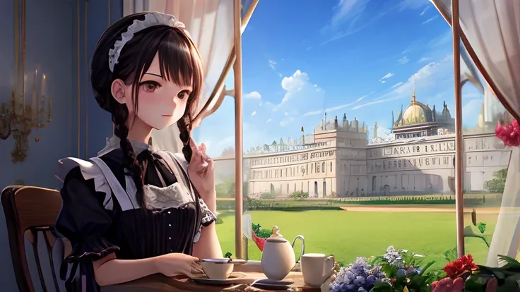 girl with、Pedras preciosas、With background、the royal palace、inside in room、candy、Parti、tea、palatial palace、kirakira、maid clothes、Maids、One piece with frills、A dark-haired、Braiding、Braids