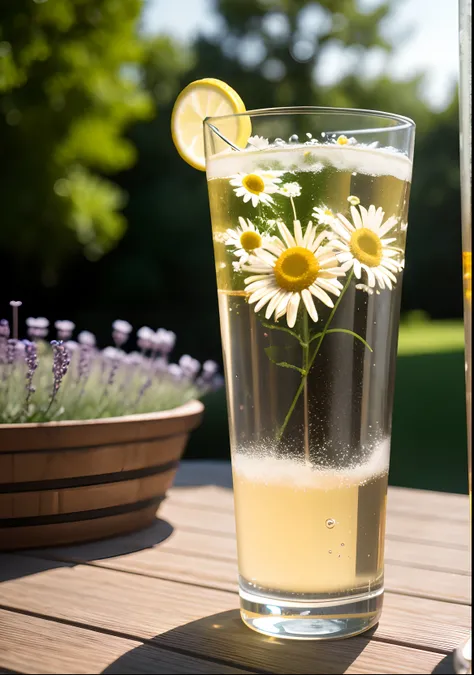 A glass with drops of water filled with carbonated drinks, translucent liquid, ice cubes, bubbles, a floral crown of daisies and lavender on picnic tablecloths, midday outdoor lighting, open air, natural background, summer day, hot weather, high detail, ve...