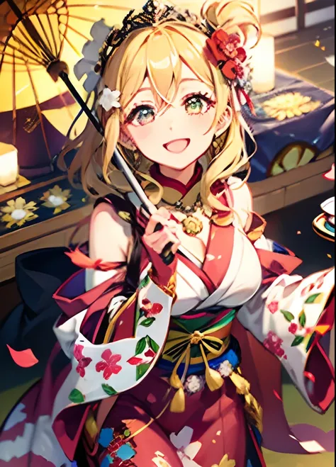 Mari Ohara love live sunshine,masterpiece,best quality,blonde hair,short-shoulders hair,red flower hairpin,tiara,golden eyes,smile,diamond collar necklace,red short yukata with flower pattern,holding traditional umbrella on shoulders,festival vibes,very de...