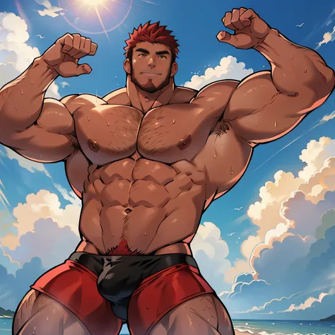 ((Anime style art)), Extremely muscular male character, bodybuilder body, HUGE SHOULDERS, HUGE PECTORALS, HUGE ABS, Shirtless, Topless, (((SHIRTLESS))) handsome, red facial hair, short red beard, red eyes, red hair, red eyebrows, smirk, tan, large pectoral...