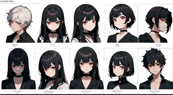 ((Masterpiece, Highest quality)), Detailed face, character sheets, full bodyesbian, Full of details, Multiple poses and expressions, Highly detailed, Depth, Many parts, 1boys,  :3, black color hair, Black crop top, mitts, Stockings, Black choker, Red eyes,...