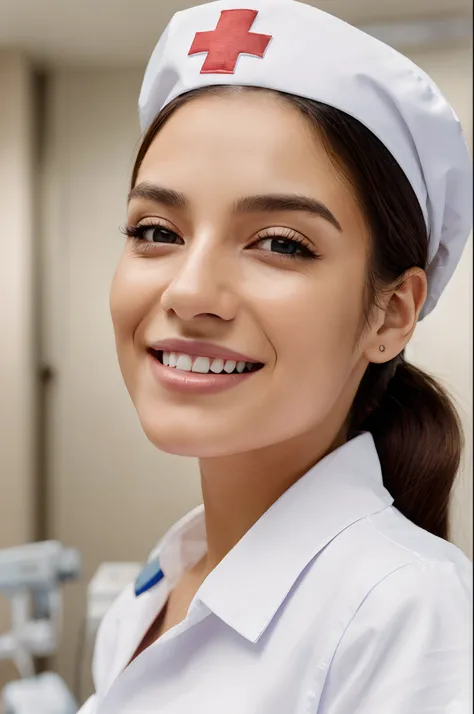 Portrait of a woman, wearing a  nurse clothes, wearing a nurse cap, smile, looking at viewer, tied up hair, at hospital, with hospital background, High quality image, masterpiece, detailed hair texture, detailed skin texture, detailed cloth texture, 8k, ad...