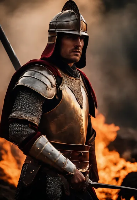 homem de corpo inteiro, barbaro, guerreiro, armadura, Cinematic Medieval Lighting, 4k, encompassing sword in one hand and generating fire in the other hand, Highly specific armor.