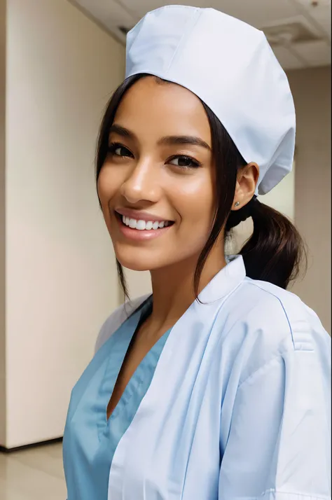 Portrait of a woman, wearing a  nurse clothes, wearing a nurse cap, smile, looking at viewer, tied up hair, at hospital, with hospital background, High quality image, masterpiece, detailed hair texture, detailed skin texture, detailed cloth texture, 8k, ad...