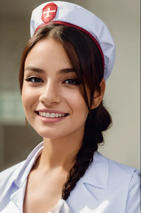 Portrait of a woman, wearing a  nurse clothes, wearing a nurse cap, smile, looking at viewer, tied up hair, at hospital, with hospital background, High quality image, masterpiece, detailed hair texture, detailed skin texture, detailed cloth texture, 8k, ad...