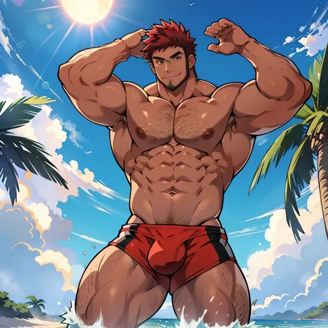 Anime style art, anime style drawing, front image, full body, muscular male character, protagonist, ((Anime style art)), Extremely muscular male character, bodybuilder body, HUGE SHOULDERS, HUGE PECTORALS, HUGE ABS, Shirtless, Topless, (((SHIRTLESS))) hand...