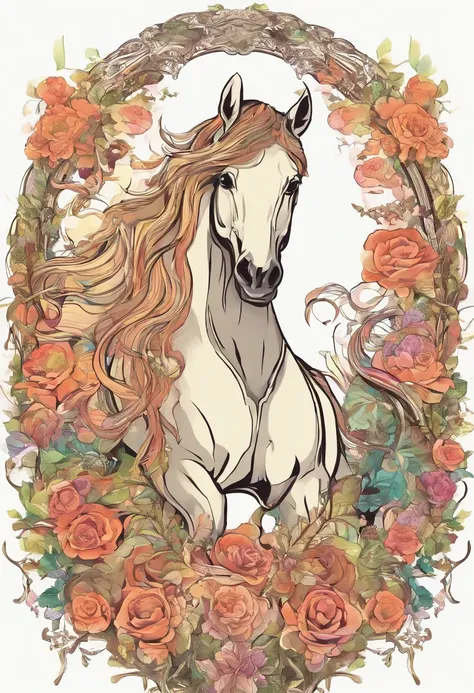 "Describe in detail an enchanting scene where a majestic horse, with its mane adorned by a profusion of roses and colorful flowers, surrounds the animal, ancient and rustic tree trunks, while intertwined roots emerge from the ground, creating a magical and...