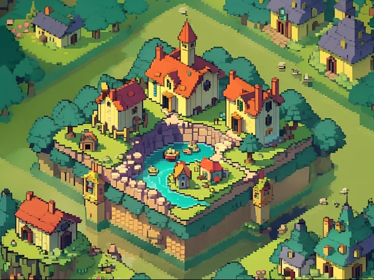 cartoon style illustration of a small village on a small island, isometric island in the sky, ((rpgmaker)), role-play horror, sc...