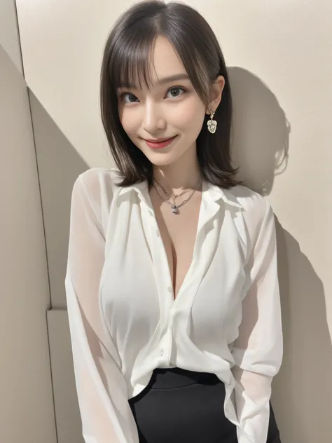 8K RAW photos, high resolution, 14-year-old Korean, very big round breasts, cleavage, formal shirt, formal skirt, very thin mouth, duck mouth, grinning,, bossy pose, beautiful eyes in detail, long eyelashes, beautiful double eyelids, eyeshadow, slender eye...