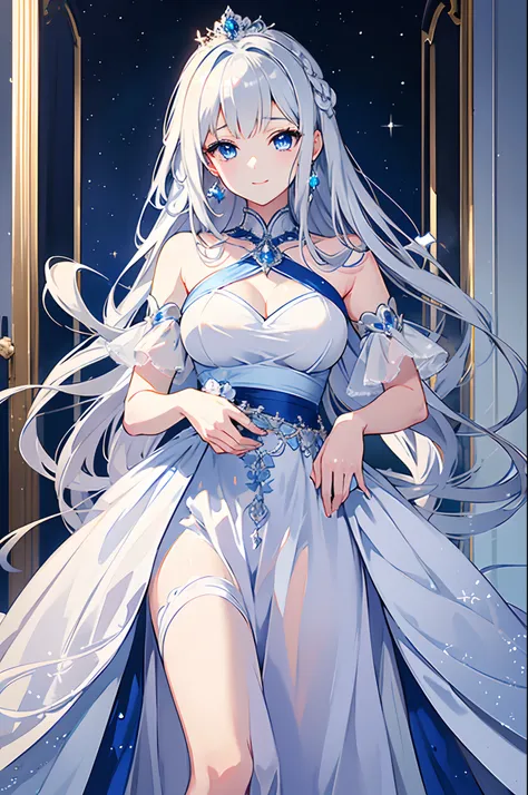 animesque、top-quality、hight resolution、standing picture、a beauty girl、femal、princess、glossy detailed gray hair long、white and bl...