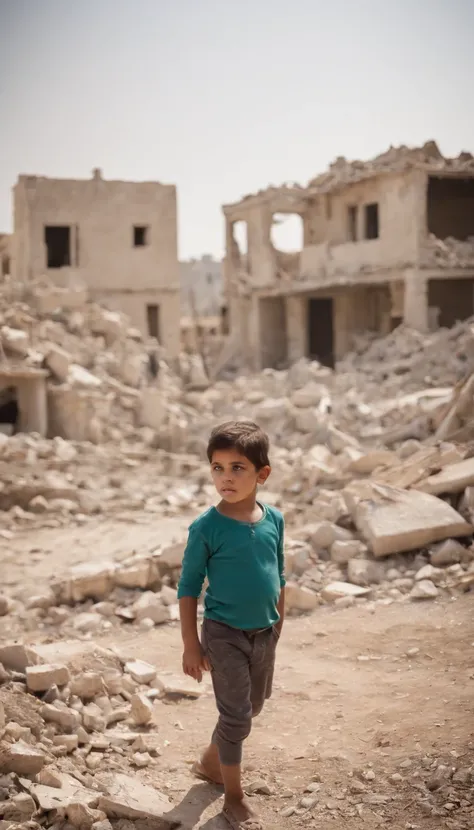 Palestinian children standing in the rubble of a house destroyed by Israeli missiles, tears in their eyes, surrounded by the remnants of their home, a devastated neighborhood, somber and desperate atmosphere, Photography, DSLR with a 50mm lens, --ar 16:9 -...