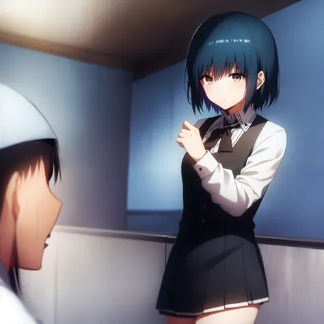 1girl, touka kirishima, tokyo ghoul, blue hair, black apron, black skirt, white shirt, long sleeve,