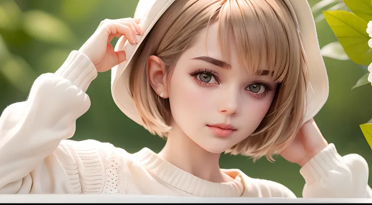 Short hair and white summer knit, summer knit, Short hair, Short hair with bangs, Girl with cute face,