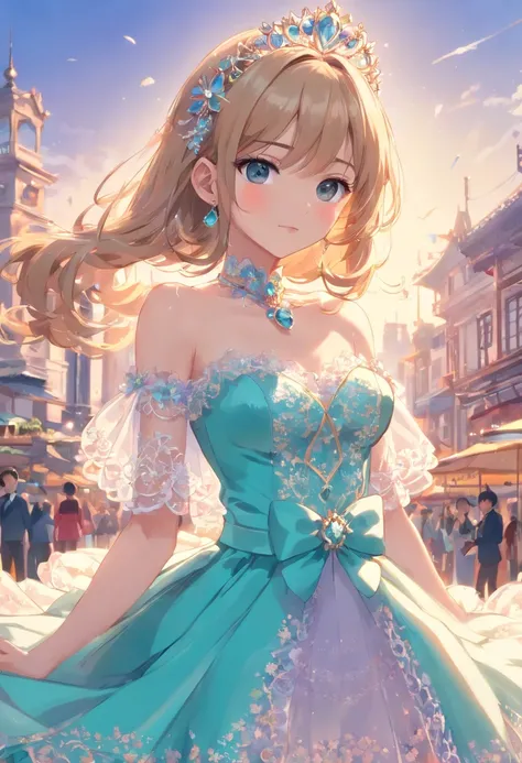 (Obra maestra, La mejor calidad,extremadamente detallado,Moe Anime Art Style:1.1),1girl, (solamente), Lindo, kawaii,Arte digital,((1 princesa de anime bling-bling con hermosos bordados y un hermoso vestido de princesa con joyas con voluminosa falda de aro ...