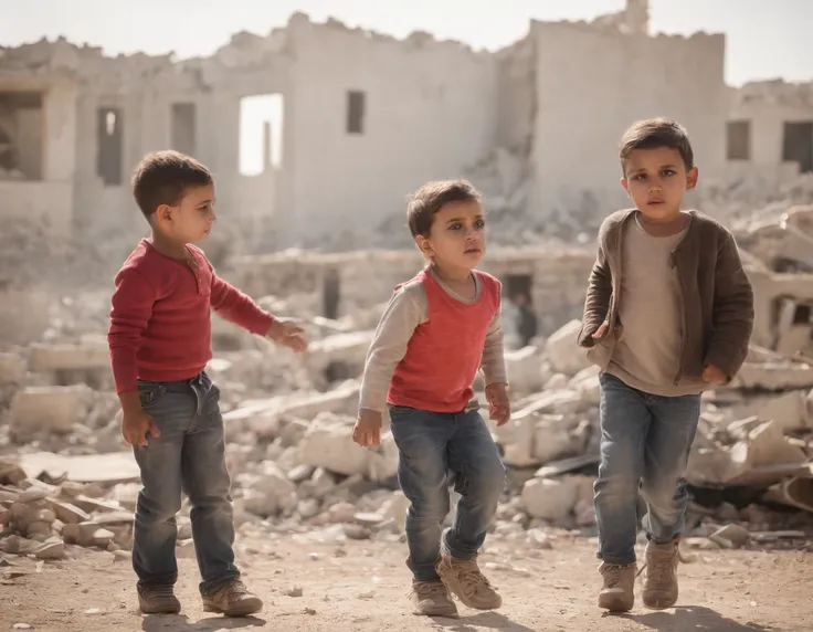 Palestinian children at the site of their demolished house, daylight breaking through the destruction, the environment filled with twisted metal and broken concrete, a mix of sadness and determination in the air, Realistic photography, full-frame camera wi...