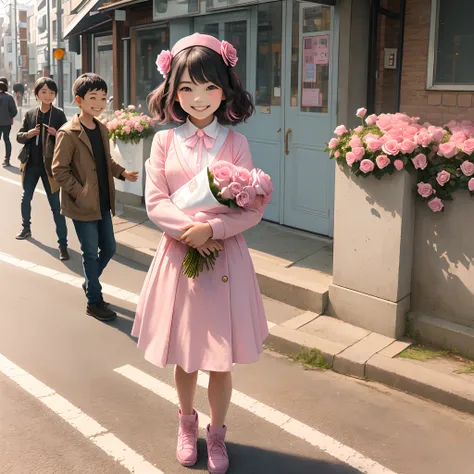 Lovely smiling little girl stand on the street holdin a bundle of pink colour rose