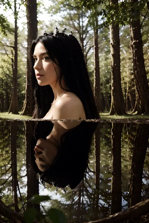 queen, in a forest, with black hair and a black dress, looks at her reflection in several mirrors scattered throughout the trees