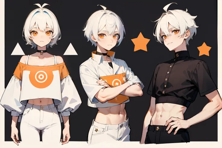 ((Masterpiece, Highest quality)), Detailed face, character sheets, full bodyesbian, Full of details, Multiple poses and expressions, Highly detailed, Depth, Many parts, 1boys,for 6 years old  :3, White color hair，Black pick dye，ssmile， Black crop top， mitt...