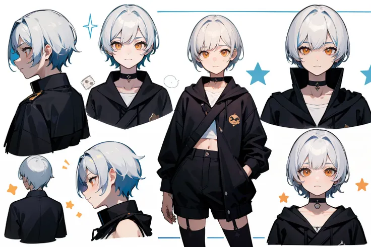 ((Masterpiece, Highest quality)), Detailed face, character sheets, full bodyesbian, Full of details, Multiple poses and expressions, Highly detailed, Depth, Many parts, 1boys,for 6 years old  :3, White color hair，Black pick dye，ssmile， Black crop top， mitt...