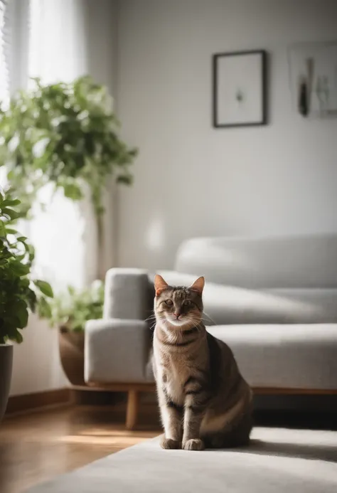 Close-up，Cat Scratcher， L-shaped cat scratch board，white walls,a part of light wood grain floor, a part of light gray fabric sofa, a small amount of green bonsai, semi transparent curtains, sunlight shining into the room, minimalist style, 4K, camera,