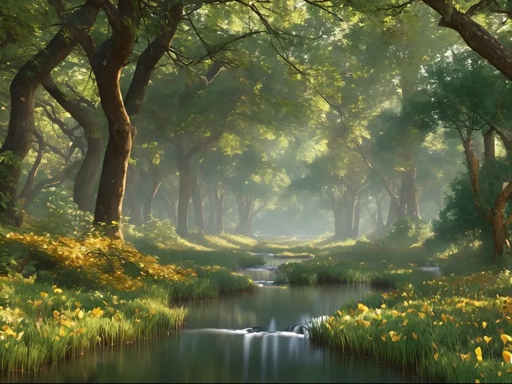 Generate a tranquil woodland landscape with sunlight filtering through the dense canopy of trees onto a meandering stream. The forest floor should be covered in a carpet of golden leaves --auto --s2