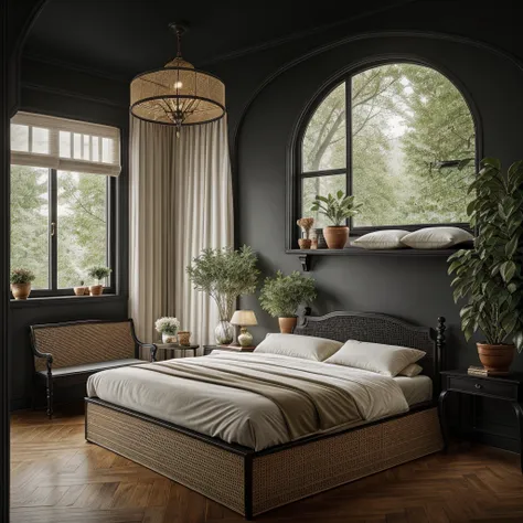 indochine bedroom interior design, a bedroom with bed, lamp, rug, potted plant, pillow, bench, chandelier, wood floor, (black wo...