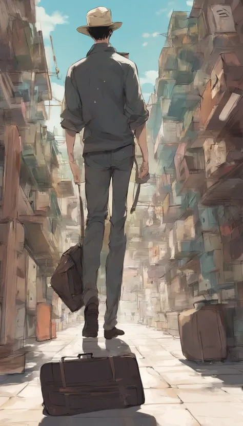 The male student carrying a large painting bag walked forward，Back Shadow，Lazily tugging at the suitcase in his hand，Winters，A hat on his head，In the distance is a tall school，Pubic area is clear，Strong sense of painting，，，