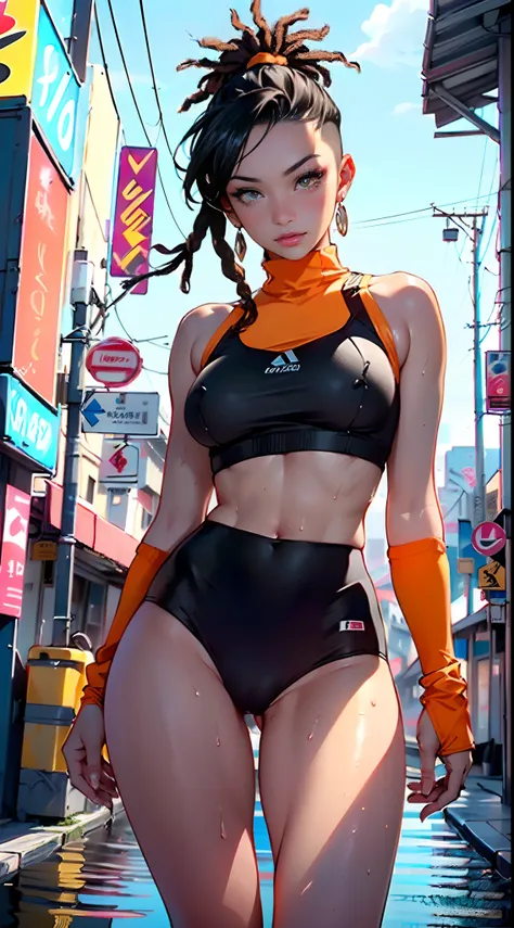 girl sporty,((attractive girl)),

(large breasts:1.4),saggy breasts,(((black hair:1.4,hi-top fade Haircut:1.5,hi-top fade:1.5,ponytail hairstyle with dreadlocks:1.5))),((heterochromia:1.5, (orange_eye and yellow_eye))),intricate eyes,beautiful detailed eye...