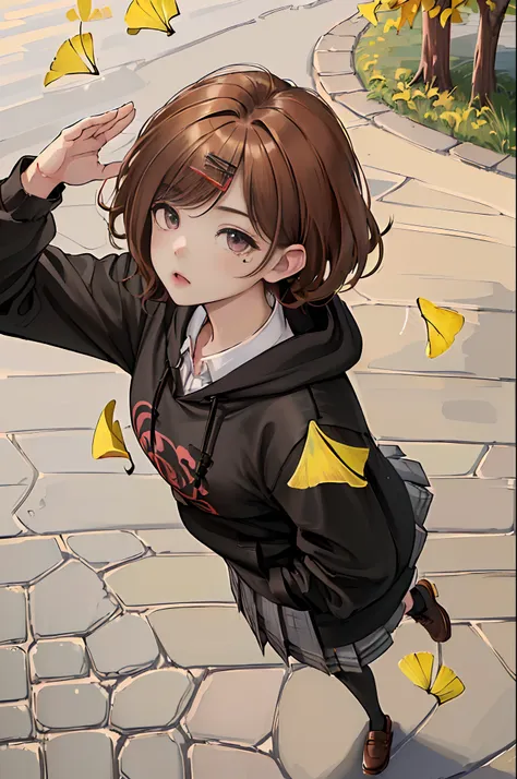 (((higuchi_madoka))),(((1girl in))),(((Brown hair))),(((hair clips))),(((Mole under the eyes))),((short-hair))),(( (bangss))),(((Wearing a black hoodie))),(((Grey pleated skirt))),(((Black pantyhose))),(( (shirt with collar)))),((long-sleeve)))) ,(((Pupil ...