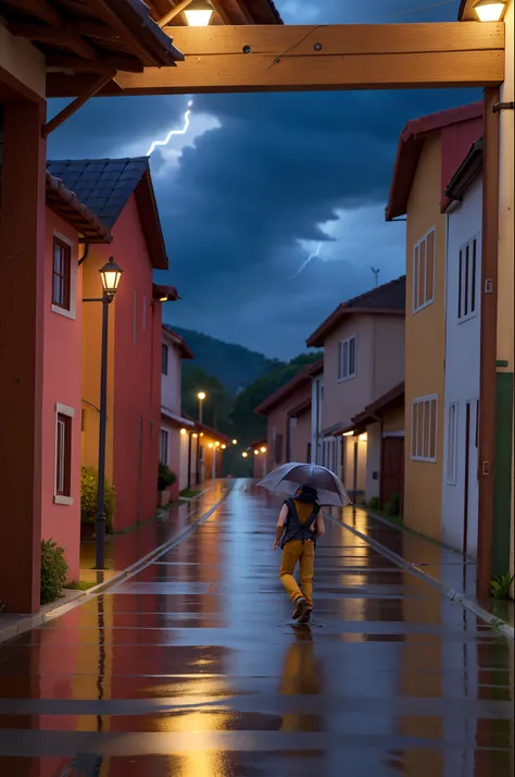 Crie a imagem de 1 home na cidade, And the same town is raining, com bastante ventania , and thunder , muita chuva