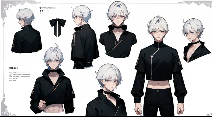 ((Masterpiece, Highest quality)), Detailed face, character sheets, full bodyesbian, Full of details, Multiple poses and expressions, Highly detailed, Depth, Many parts, 1boys,for 6 years old  :3, White color hair，Black pick dye， Black crop top， mitts, Stoc...