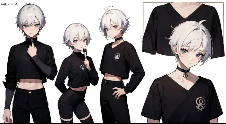 ((Masterpiece, Highest quality)), Detailed face, character sheets, full bodyesbian, Full of details, Multiple poses and expressions, Highly detailed, Depth, Many parts, 1boys,for 6 years old  :3, White color hair，Black pick dye， Black crop top， mitts, Stoc...