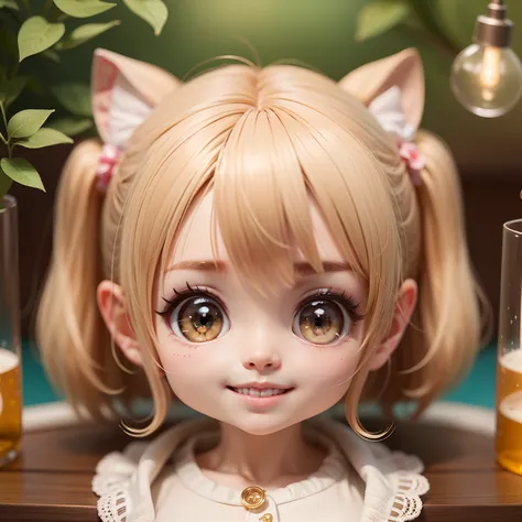 Cute baby chibi anime,(((Super masterpiece、top-quality、ultra - detailed、1 girl in、tchibi：1.5)))、in a house、Chibi Lab、the scientist、Sit in a test tube beaker、mouth open smile、a small face、Looking at the camera、A detailed face、highdetailskin、Wild beige hair、...