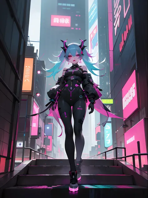 Masterpiece, Best quality, Confident cyberpunk girl,full bodyesbian，full body in view， Cowboy shot, Popular costumes in Harajuku style, Bold colors and patterns, Eye-catching accessories, Trendy and innovative hairstyle, Vibrant makeup, Cyberpunks dazzling...