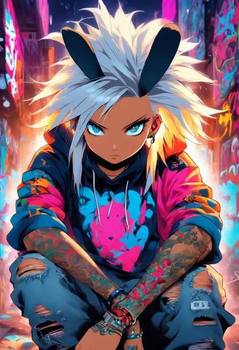 A cool and trendy rabbit, white hair, blue eyes, wearing trendy hip hop clothing, wearing a hoodie, graphic t-shirt and torn jeans, tons of tattoos and piercings, graffiti style background, highly detailed background, perfect masterpiece, high quality, hig...