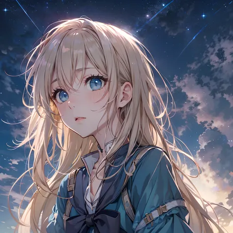 absurderes、hight resolution、(Official art、Beautifully Aesthetic:1.2)shining sky, Vast world, Distant horizon, ​​clouds, High hills, natural beauty, nigh sky, Shining stars, kirakira, Smooth straight beige hair,(Deep Blue Eyes:1.2),(Looking Up:1.1),(A wistf...