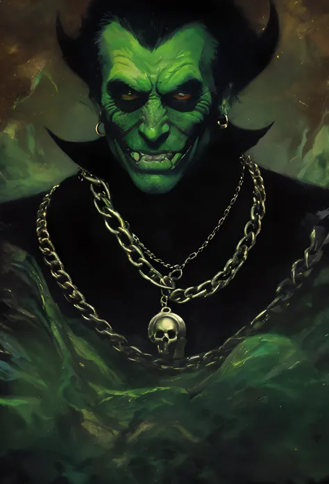 Painting of a green devil with a skull and a chain around his neck, inspirado em Jeff Easley, retrato verde do duende, jeff easley cinematic, inspirado em Joe Jusko, Directed by: Jeff Easley, O Duende Verde, Directed by: Joe Jusko, inspirado em Don Maitz, ...