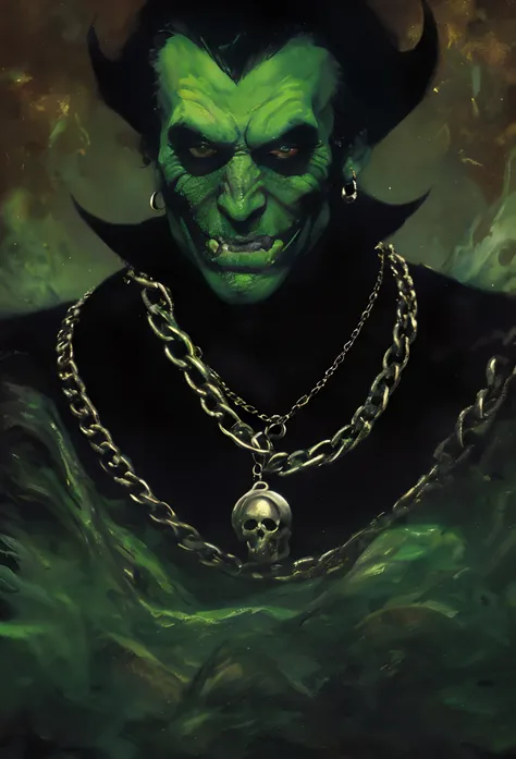 Painting of a green devil with a skull and a chain around his neck, inspirado em Jeff Easley, retrato verde do duende, jeff easley cinematic, inspirado em Joe Jusko, Directed by: Jeff Easley, O Duende Verde, Directed by: Joe Jusko, inspirado em Don Maitz, ...