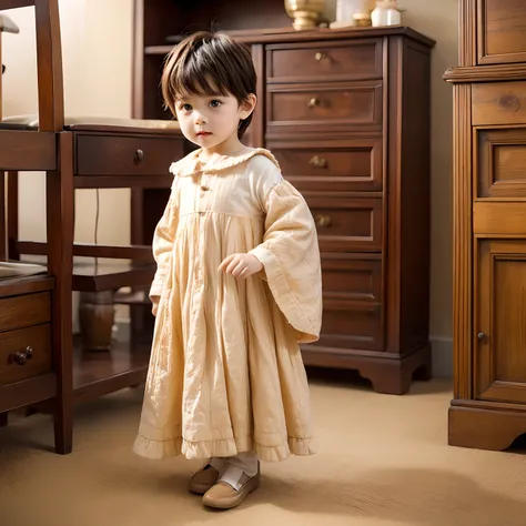 A little boy dressed in antique clothes