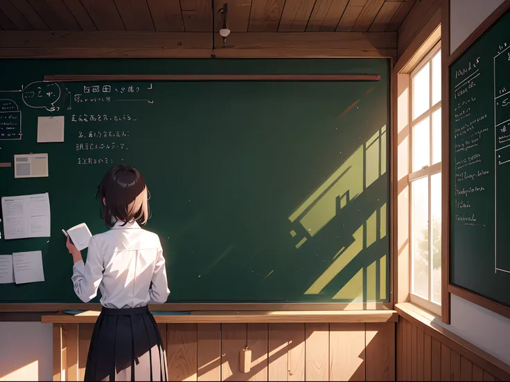 Natural light，Chalk dust in the air,（Teacher standing in front of the blackboard, Holding a book, Writing intently on the blackboard），（Back back back back