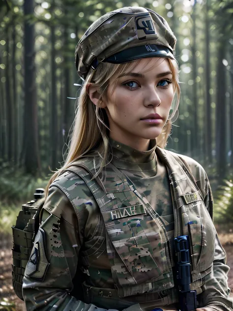 ((​masterpiece、ultra fine photos、top-quality、超A high resolution、Photorealsitic、foco nítido、(bustshot、Focus from the chest up、Beautiful Female Soldier)))、delicated face、((fair white skin、blue eyess、Blonde Shorthair))、Military Cap、Army camouflage uniform、Cam...