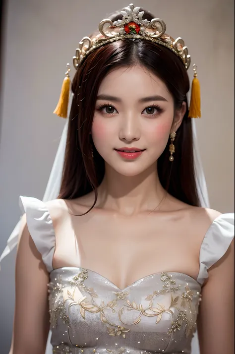 (8k, RAW Photo, Best Quality, Masterpiece: 1.2), (Realistic, Realistic: 1.37), 1 Girl, Woman in Gray Dress and Headdress Posing for Photo, Gorgeous Role Play, Beautiful Costume, Chinese Dress, Complex Dress, Complex Costume, Traditional Beauty, Gorgeous Ch...