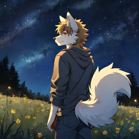 shaggy、Adult Male、Ultra-clear 4K fanart、Furry、Bright eyes，Furry tail，Slightly sentimental，Stargazing at night，canid，solo person，Wear casual attire