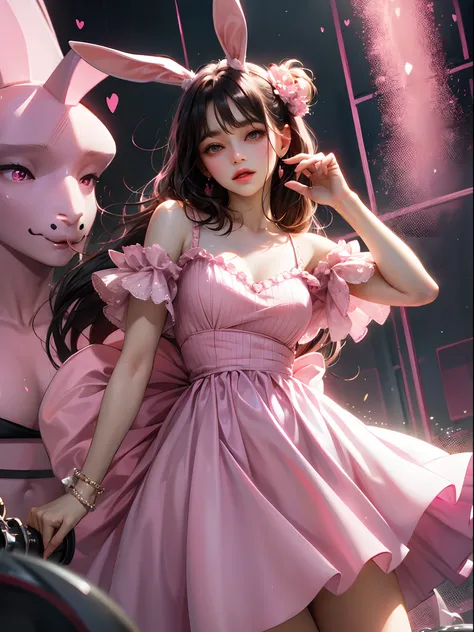 a women, pink bunny ears, black hair, pink eyes, pink dress