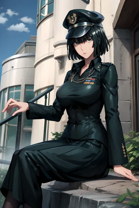 Fubuki vestida con uniforme militar, uniforme negro, gorra militar, uniforme militar, abrigo negro, botas negras, mirando al espectador