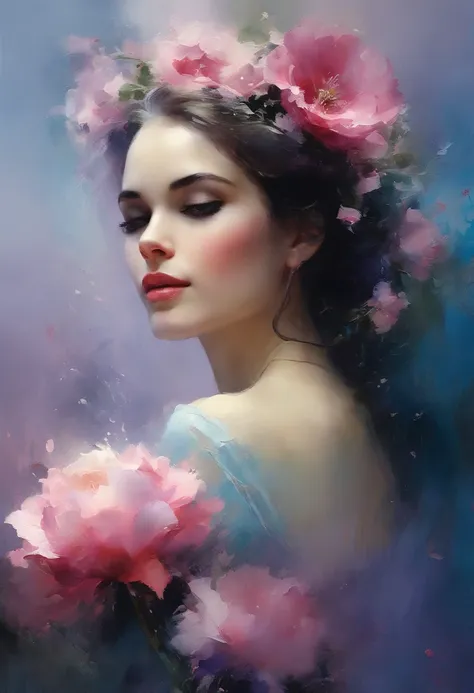 1girl,flower, Lisianthus ,in the style of light pink and light azure, dreamy and romantic compositions, pale pink, ethereal foliage, playful arrangements,fantasy, high contrast, ink strokes, explosions, over exposure, purple and red tone impression , abstr...