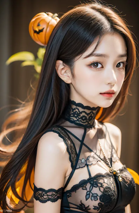 Eri Kamei from Morning Musume, Decorated with a Halloween ensemble that perfectly complements her beauty and sensual figure. The image is、It must be proof of the fusion of AI and art, Catch her in moments of playful mischief and charm. The backdrop should ...