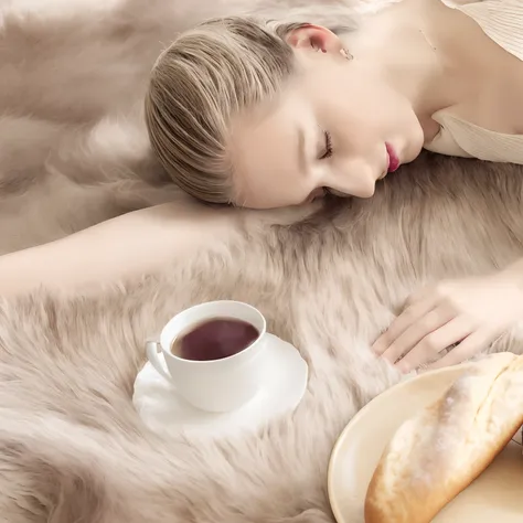 Araki woman lying on a furry carpet，With a cup of tea and a plate of bread, Lie on a furry blanket, synthetic fur, coffee smell, morning hour, Uptrend ，, swimming in a pool of coffee, cozily, anna nikonova, mid day, Tranquil Mood, woman very tired, stunnin...