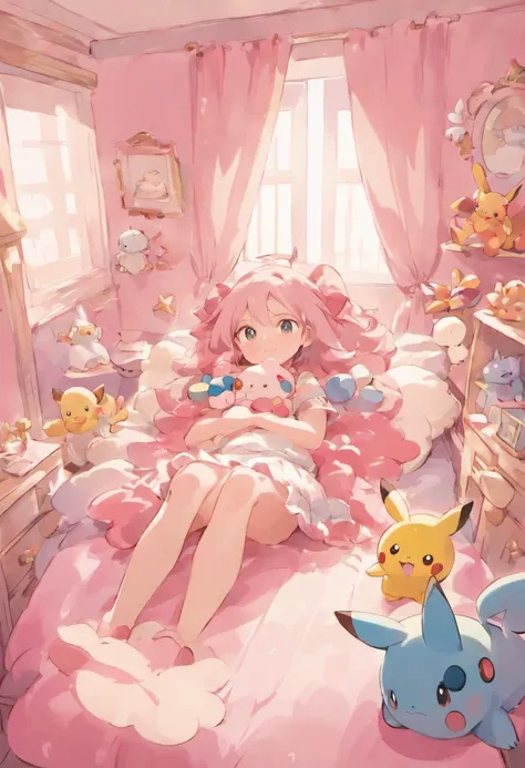 1 girl de 12 anos , de cabelos castanhos , e olhos castanhos , centada na cama do seu quarto, The room is pink , 1 12 year old girl in bed surrounded by her favorite stuffed dolls who are 7